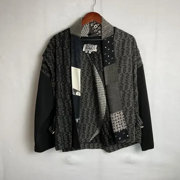 Vintage Donna Jessica Boho Art To Wear Patchwork Blazer Black and White Size 1 - Picture 3 of 12
